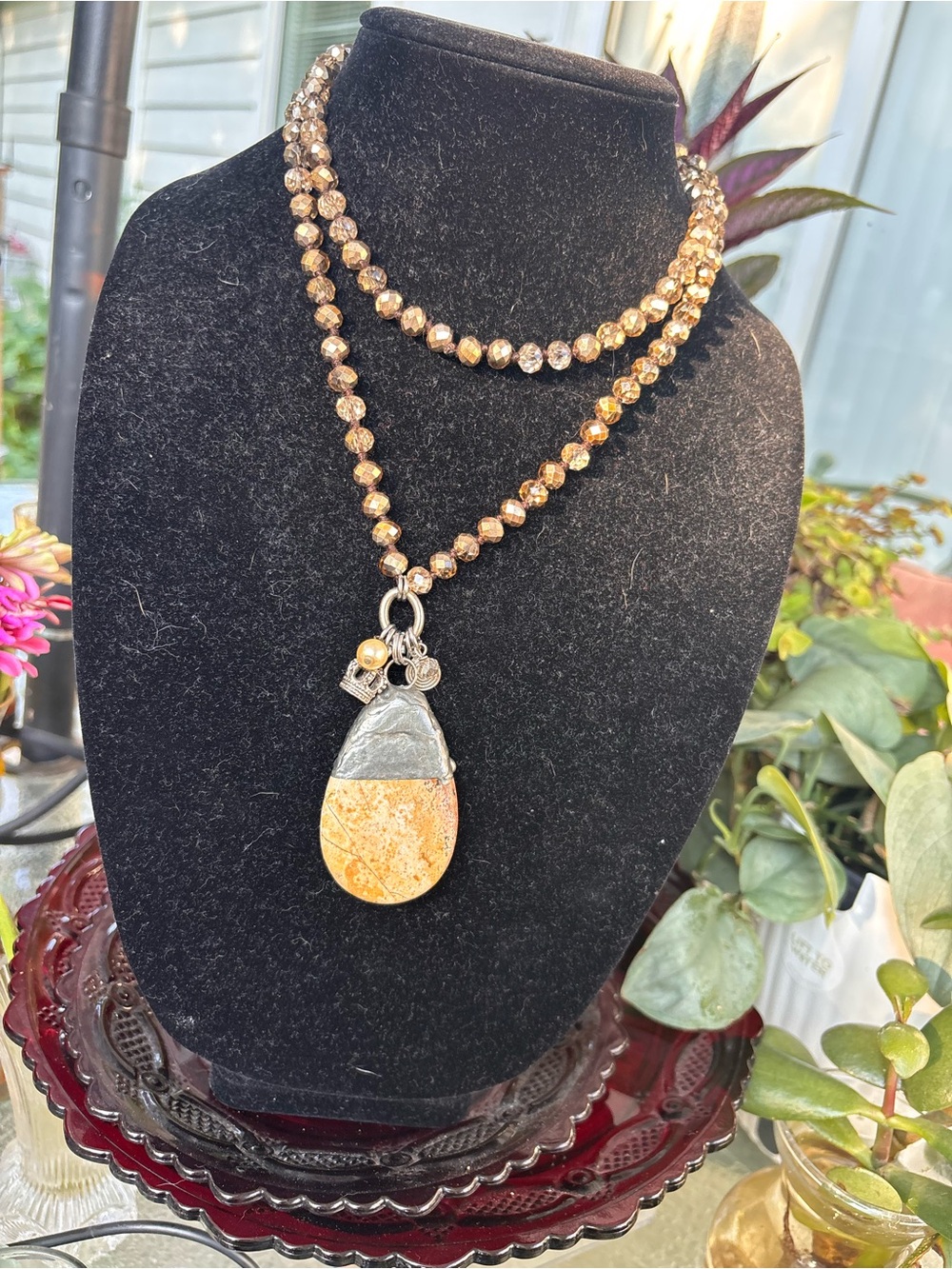 Boutique Gold Beaded Double-Strand Necklace with Yellow Stone Pendant